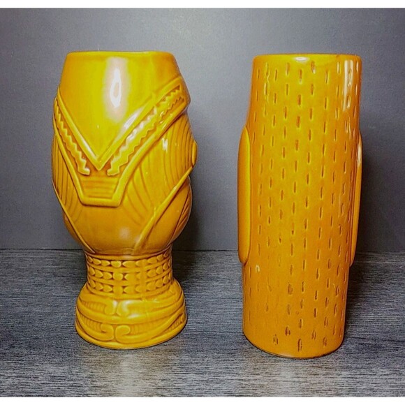 Tiki Mug Tumbler Bar Light Brown Ceramic (2 Mugs) 12 oz Polynesian 3D Face 6.75" - Picture 3 of 6